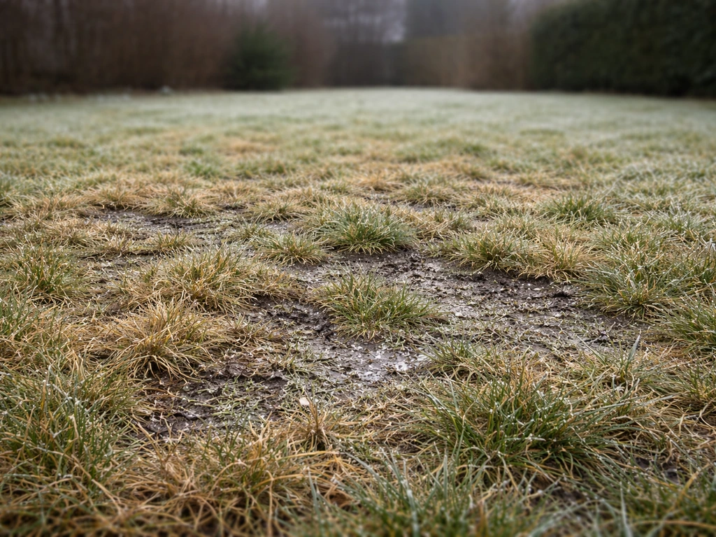Bruin en uitgedroogd gazon met dooi-sporen en vorstige seizoenssfeer in de wintertuin in Nederland.