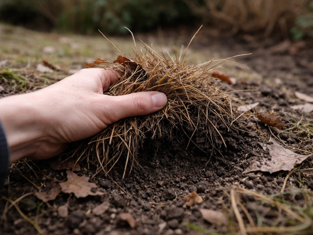 Hand in de tuin die een handvol gras en blad losmaakt om de wortelzone te controleren