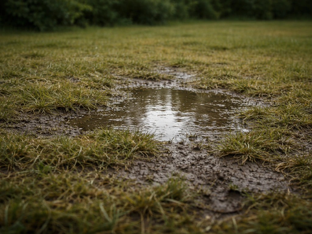 Plasvorming op een gazon met ingezakt en bleek gras op een nat stuk kleigrond na dooi