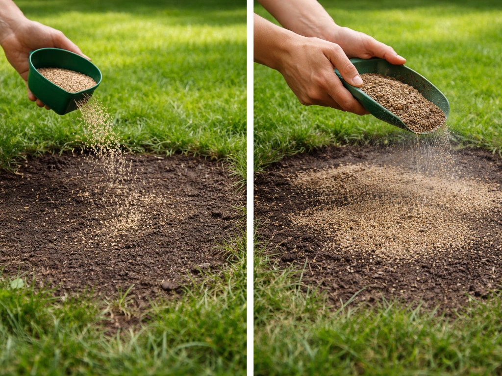 Anonieme handen die graszaad en topdressing strooien op een kale plek in het gazon, met lichte beregening.